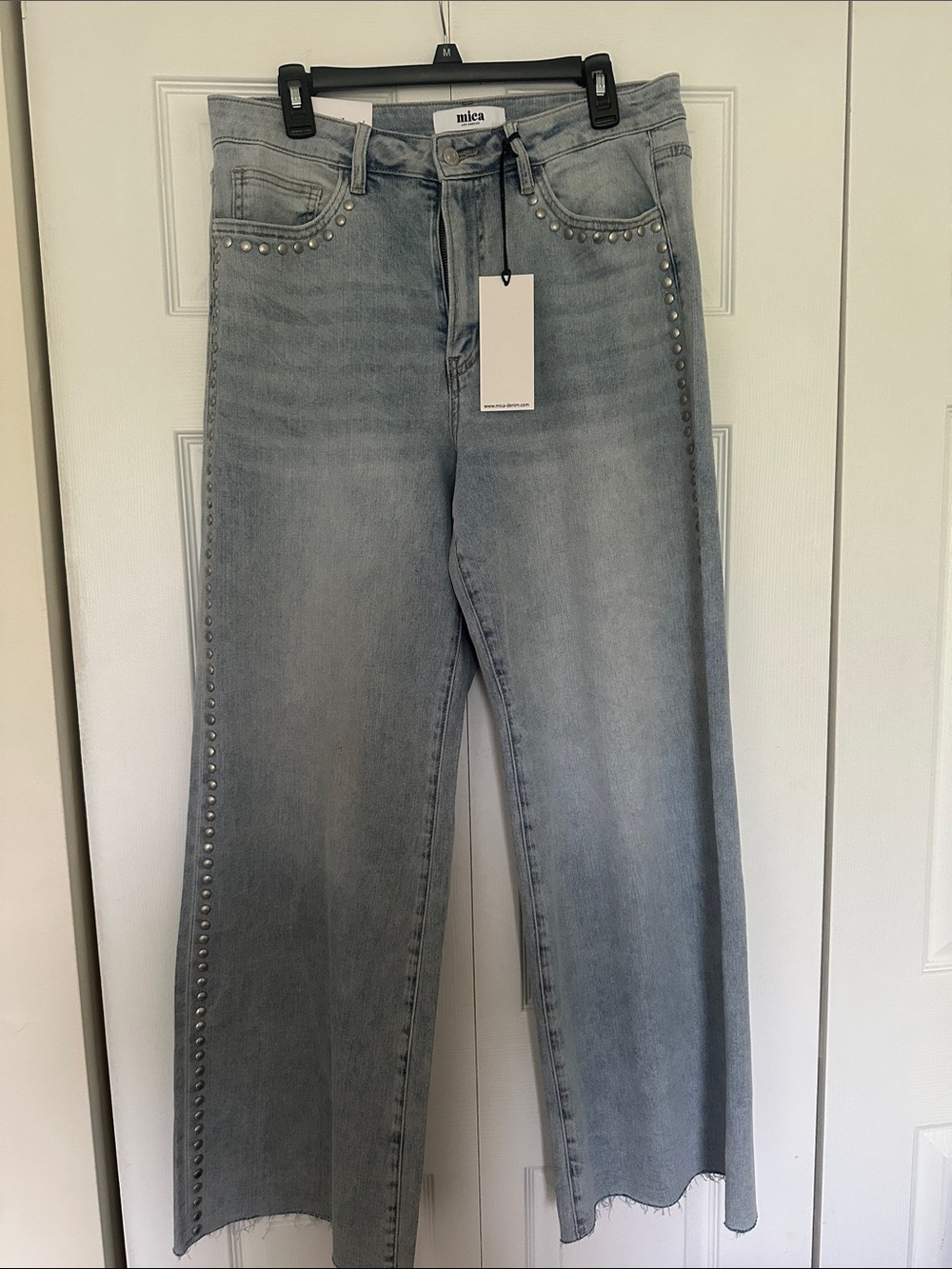 Mica Light Wash Studded Wide-Leg Jeans - Light Blue